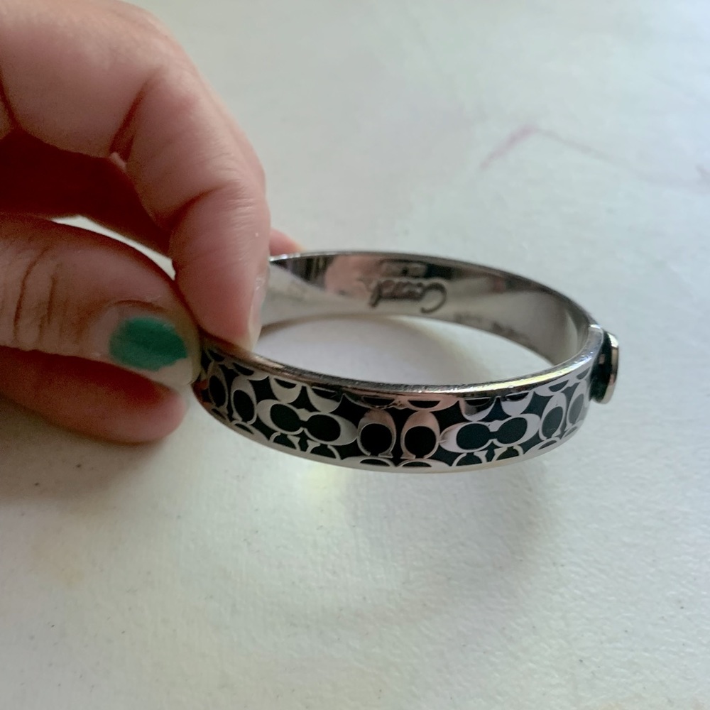 Coach Quilted Silver Black Hinged Metal Bracelet Bangle Enamel Jewelry Designer